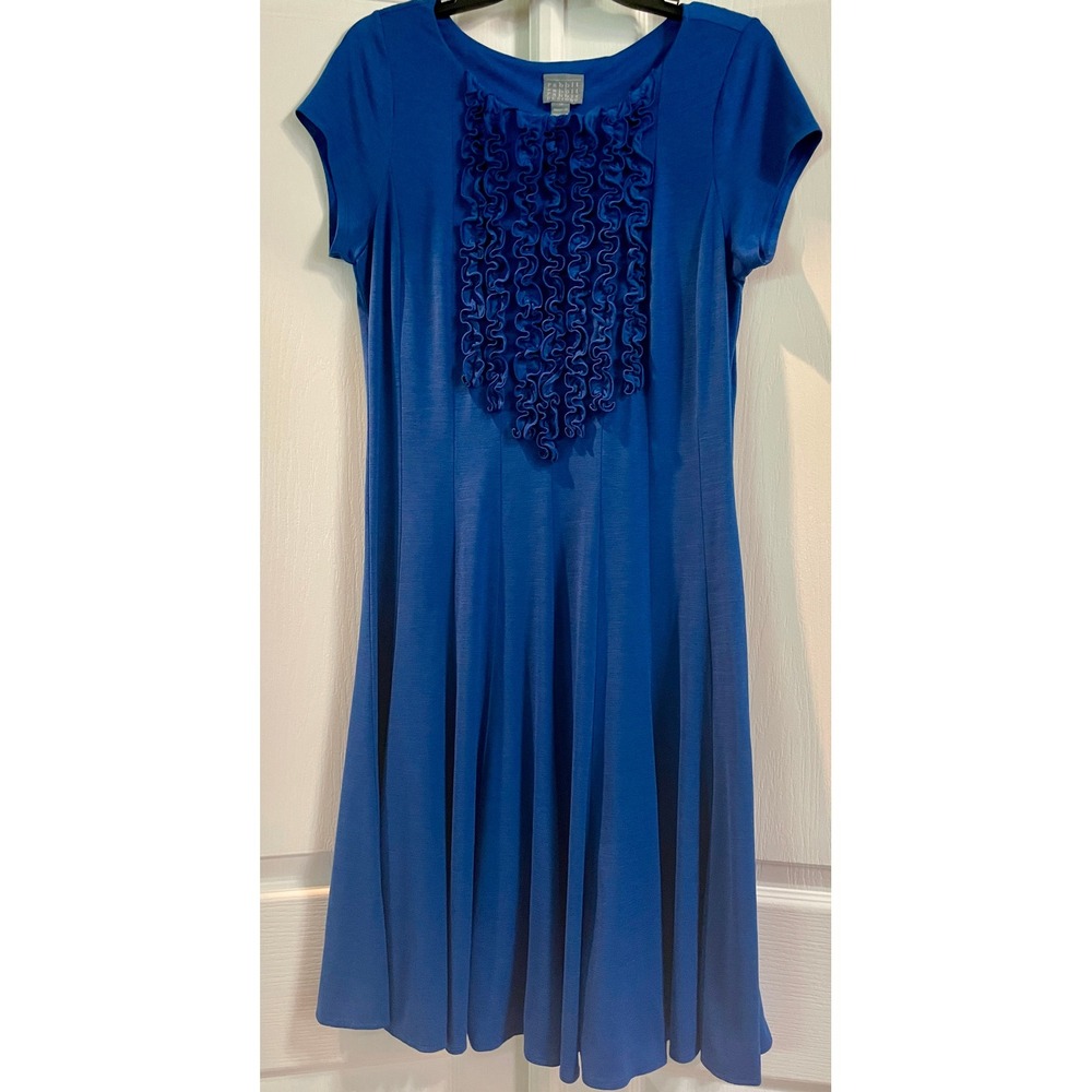 Rabbit Rabbit Rabbit Dress Sz 14 Plus Short Sleeve Fit & Flare Ruffle Front Blue